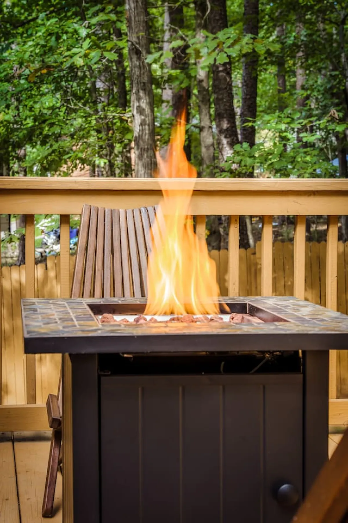 A cozy outdoor fire pit area surrounded by trees and a relaxed seating arrangement. The scene invites residents to unwind after work, socialize, or enjoy peaceful downtime in a communal natural setting.